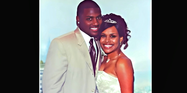Ryan Clark wearing (white shirt and Grey coat) with his gorgeous wife Yonka Clark (wearing white dress) smiling beautifully 